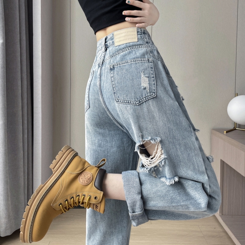 破洞牛仔裤女春夏设计感水洗直筒哈伦萝卜裤小个子乞丐休闲长裤子