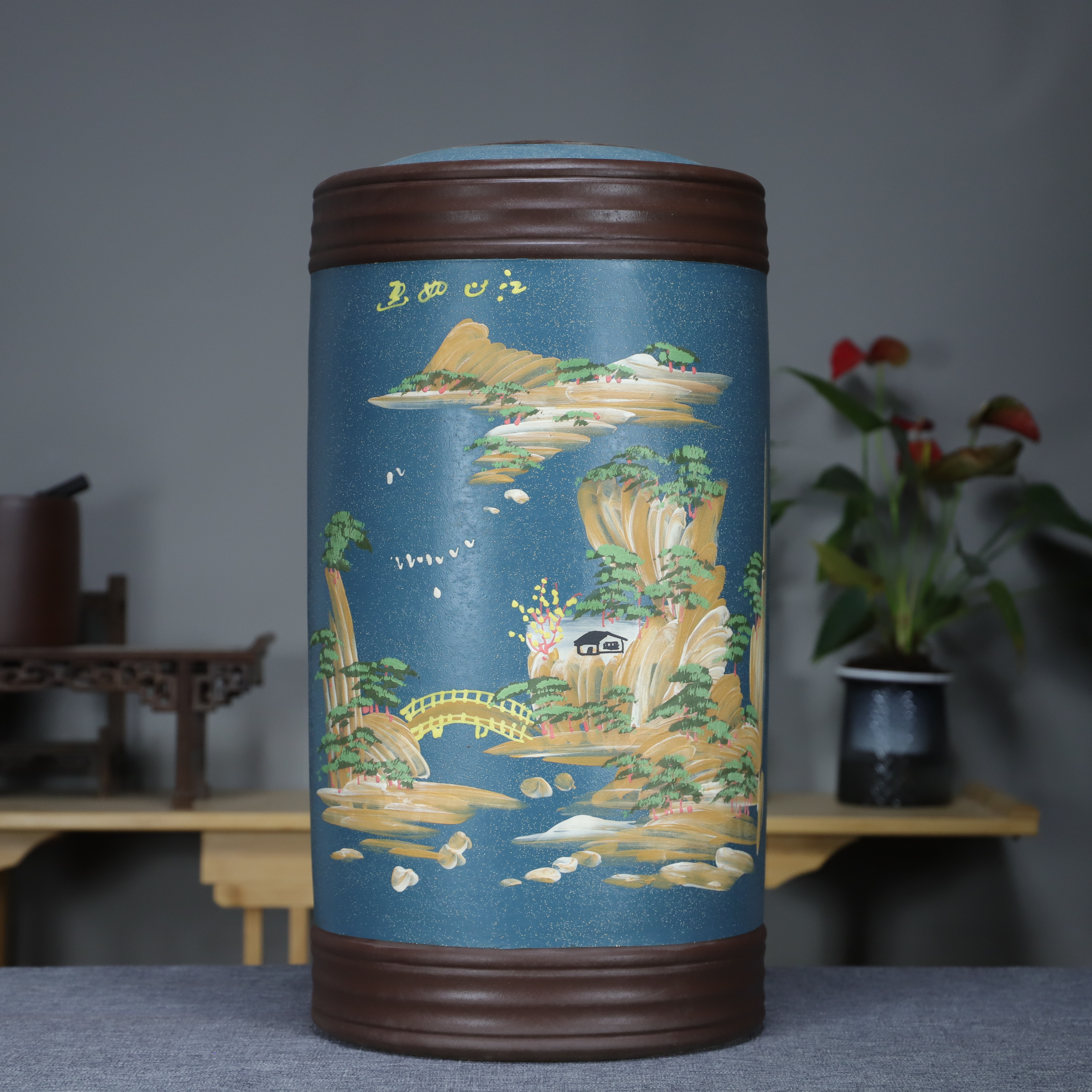 21饼装大号泥绘山水紫砂茶叶罐手工制作复古存茶罐普洱罐