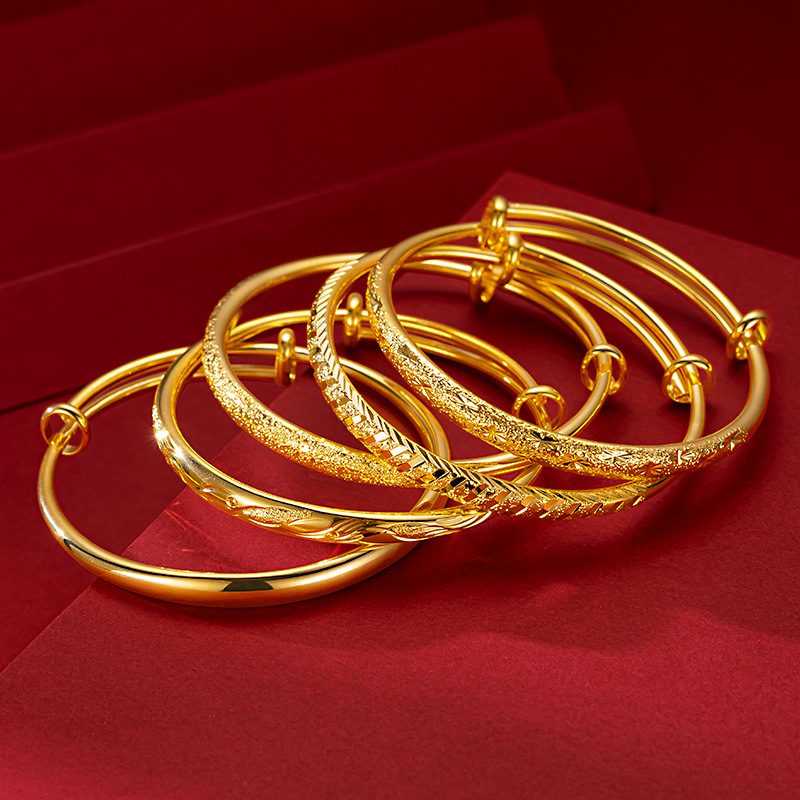 铜合金手镯 高定版推拉手镯古法镯子实心妈妈可调节精美新款金色