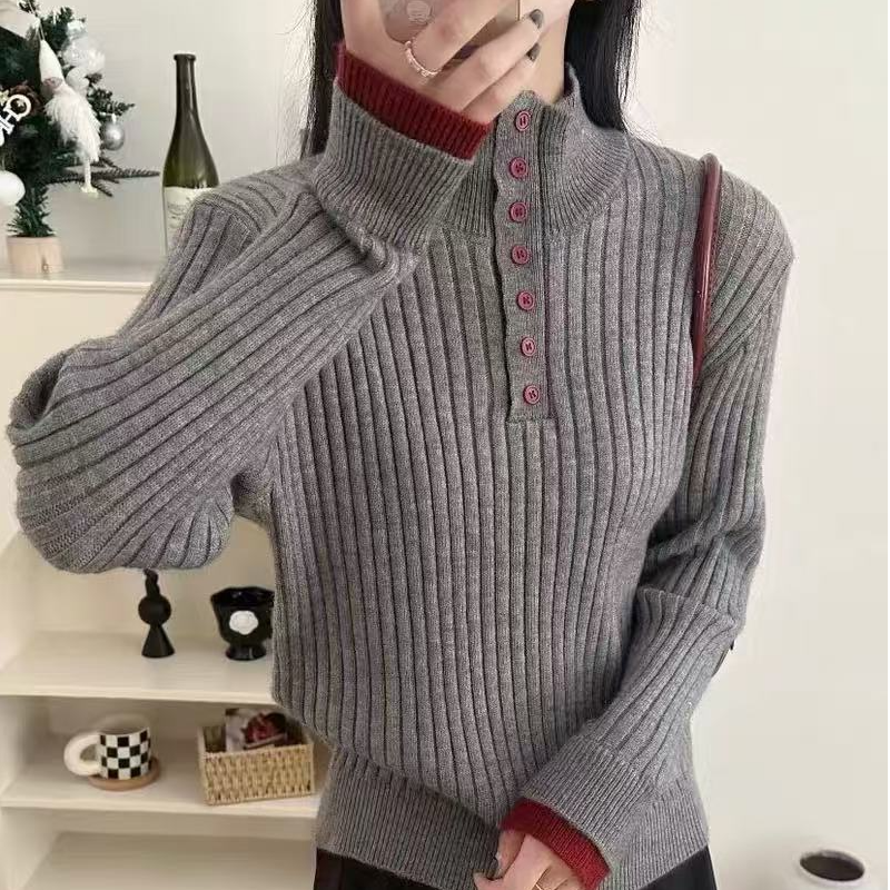 冬季减龄休闲拼色立领半开扣假两件针织衫女款显瘦竖坑条羊毛上衣