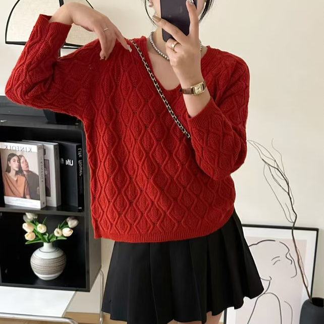 微镂空V领套头立体提花打底针织套头毛衫时尚洋气百搭毛衣复古