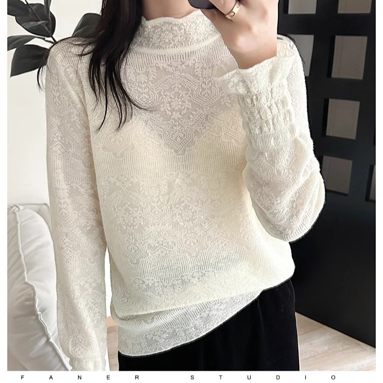新款法式浪漫木耳领半高气质针织衫蕾丝勾花百搭显瘦欧式上衣内搭