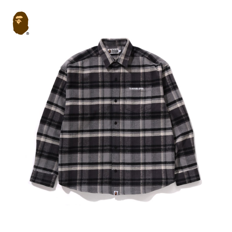 BAPE男装24秋冬字母刺绣格纹图案长袖衬衫131310N