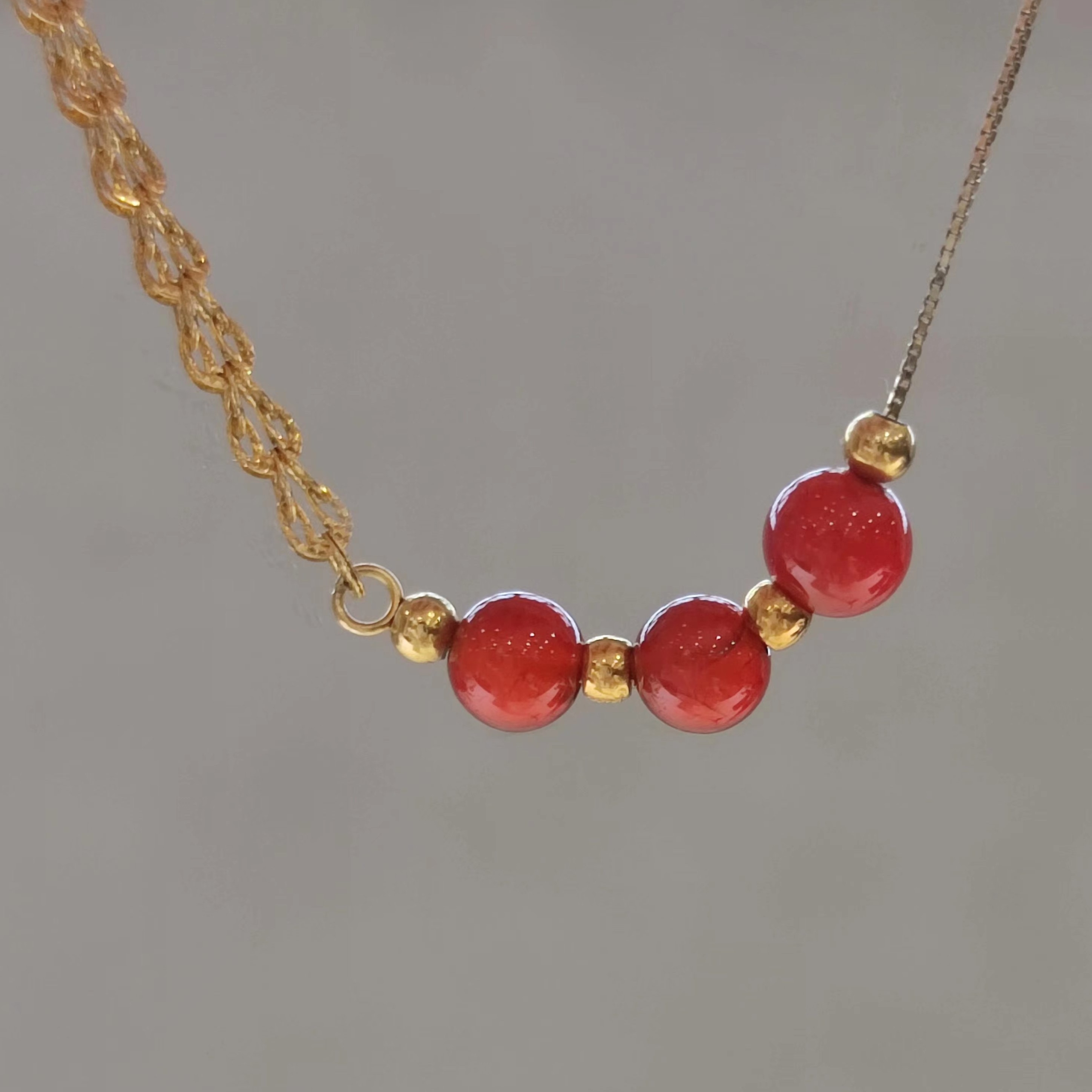 【杰哥黄金工厂】足金999金珠冰红玛瑙凤尾手链