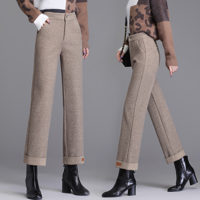 GUIDI FAME毛呢裤子女秋冬阔腿裤2023新款高腰加绒女裤九分直筒裤