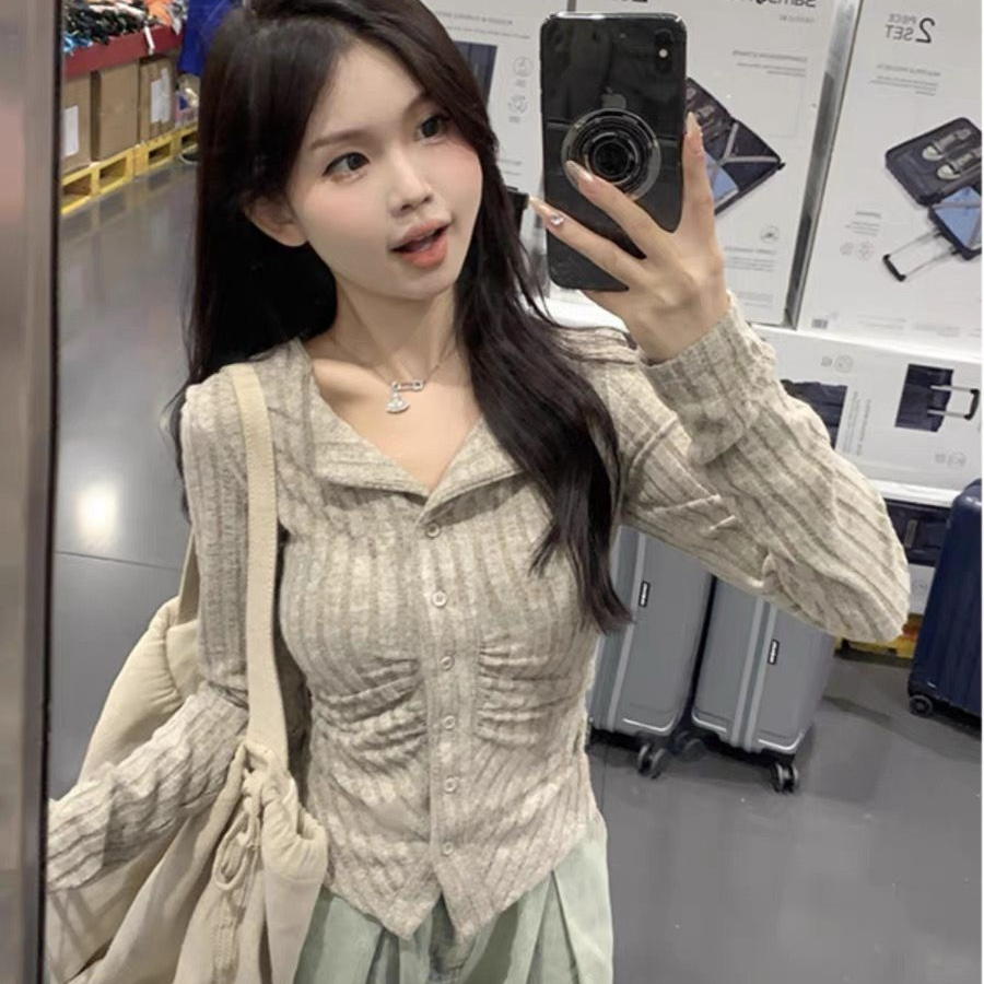 欲风翻领长袖针织衫女秋季韩版2024新款修身显瘦褶皱设计感上衣