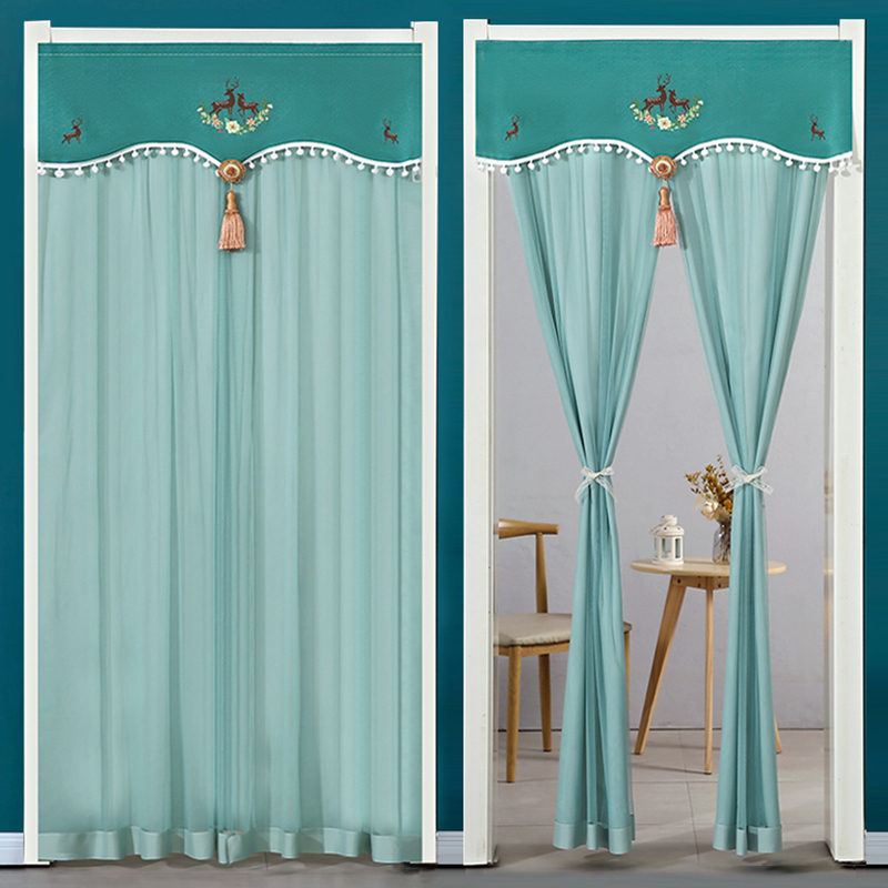 新款蕾丝门帘隔断帘家用免打孔卧室厨房双层不透纱帘防蚊挂帘夏季