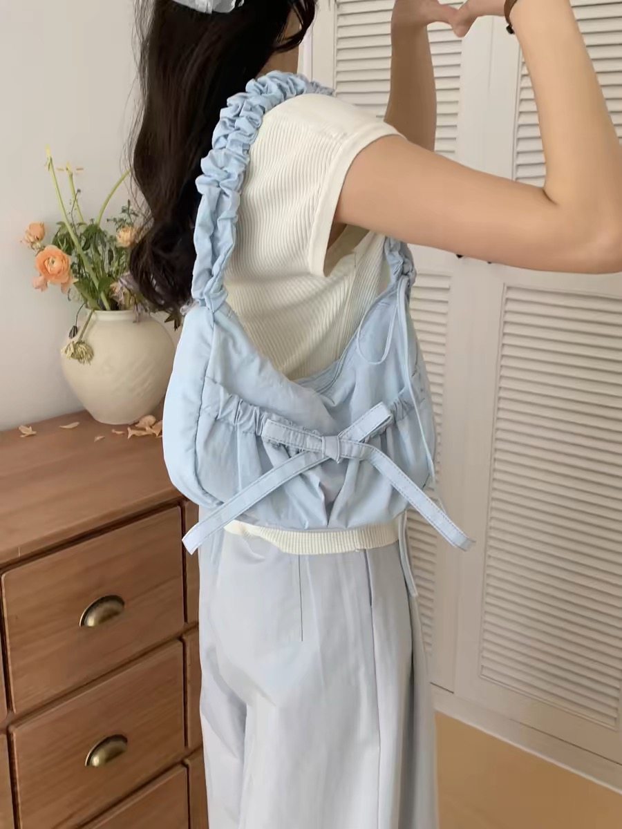 小众自制抽绳褶皱花边日常尼龙布包包芭蕾风少女蝴蝶结单肩斜挎包