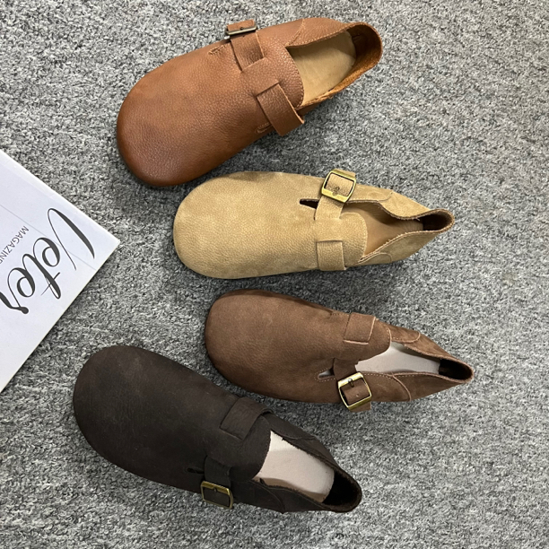 秋季百搭新款真皮圆头薄款平底豆豆鞋复古勃肯鞋软底软面6263-5