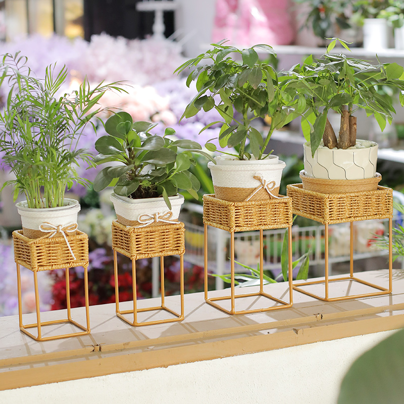 浦澜创意北欧仿藤编迷你花架室内绿植花盆架客厅书房桌面小置物架