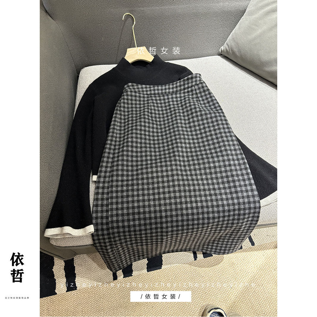 “”加绒小格半身裙“”AK8289秋冬呢半身裙显瘦时尚黑色A字