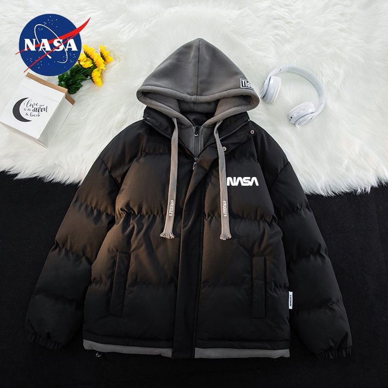 NASA联名假两件棉服男女秋冬连帽休闲情侣棉衣加厚保暖青少年外套
