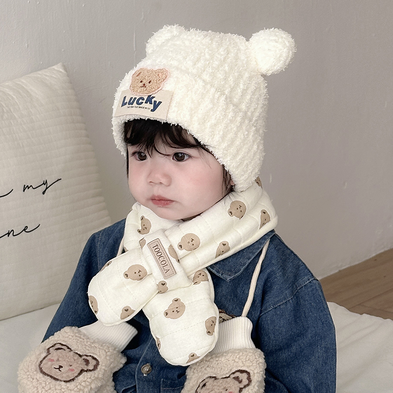 婴儿帽子秋冬季毛绒手套围巾帽子套装宝宝男女童保暖加厚婴幼儿帽