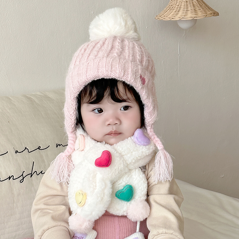 日系宝宝针织帽子女孩儿童毛线帽围巾小孩保暖防风帽毛球护耳帽