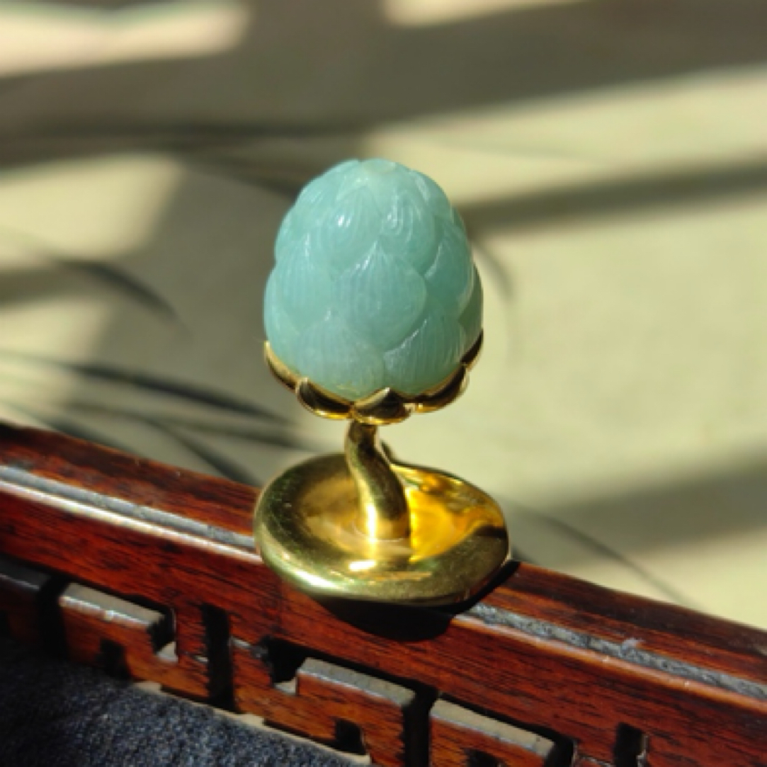 腾冲老料翡翠糯冰蓝底蓝莲花香插 银镀金底座