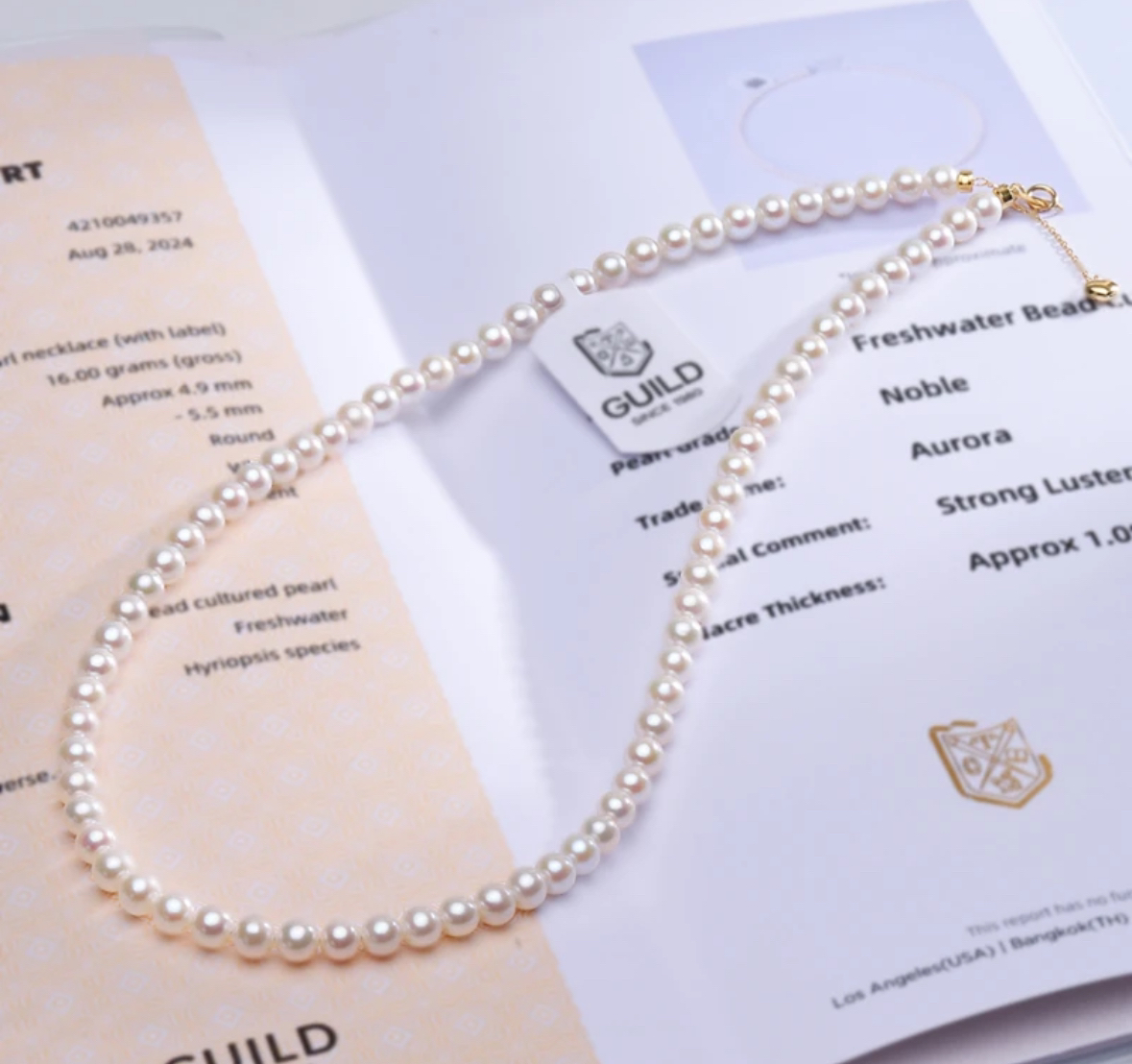 淡水激光珍珠无核珍珠3-4mm项链18k金爱心尾链（吉尔德证书）