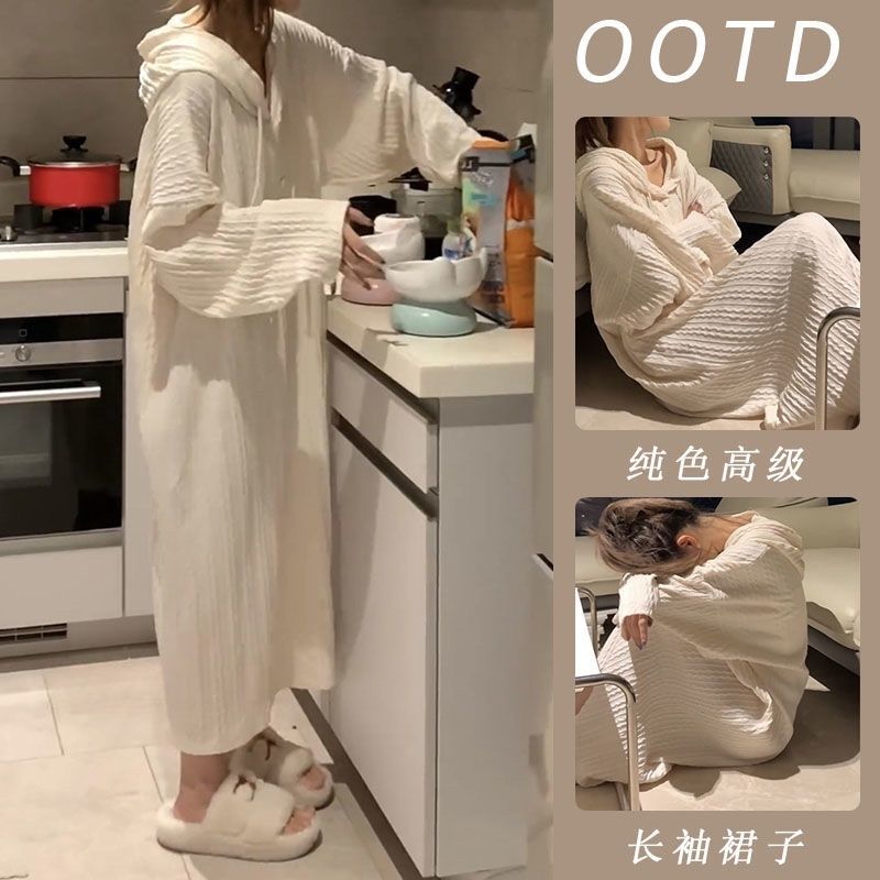 纯色简约长袖睡裙女春秋季新款ins风甜美可爱宽松慵懒风睡衣