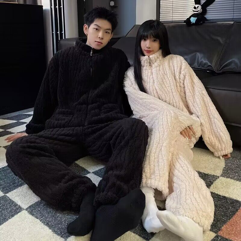 珊瑚绒情侣睡衣女秋冬季新款可外穿简约纯色法兰绒男士家居服套装