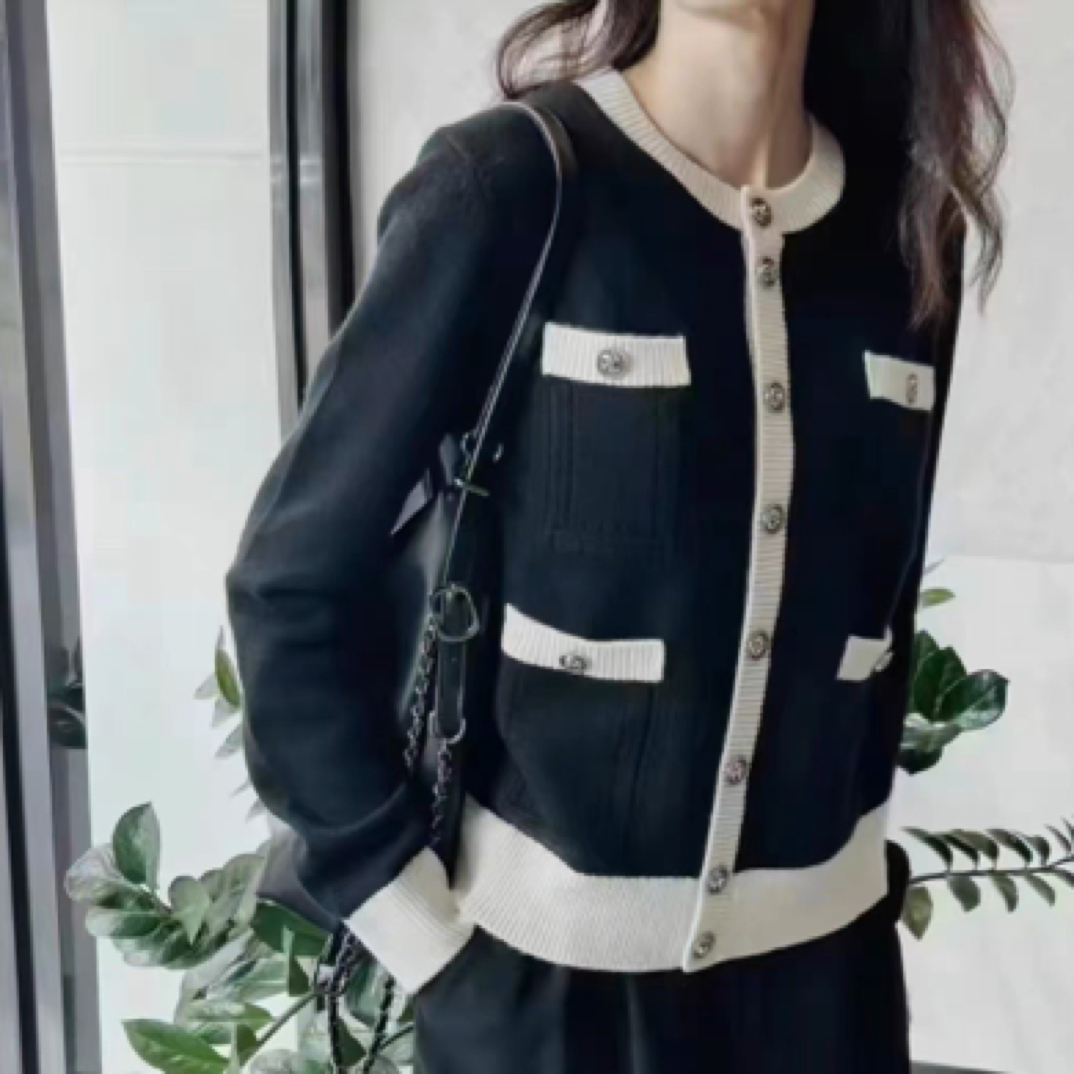 阿玛施商场同款秋冬新品5499232黑白拼色小香风针织衫开衫羊绒