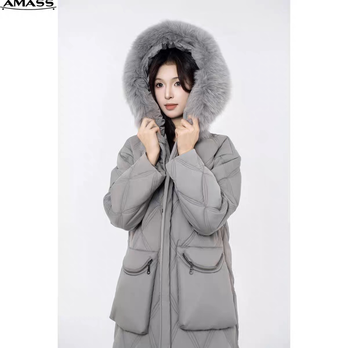 阿玛施 中长款笑脸拉链口袋连帽领绗缝棉服外套5400834原4500不退