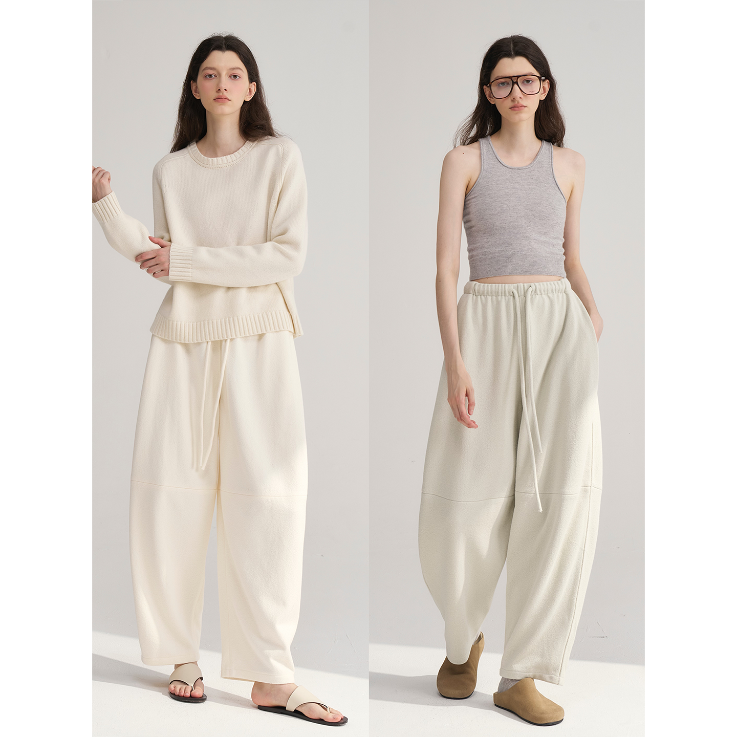 MAISON CECILE四色/保暖薄绒松紧腰分割线茧型九分裤