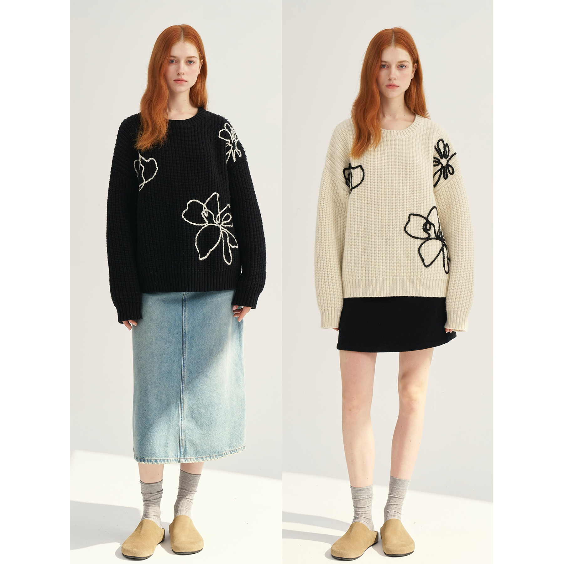 MAISON CECILE奶白/黑色du家设计花型高克重全羊毛粗针毛衣