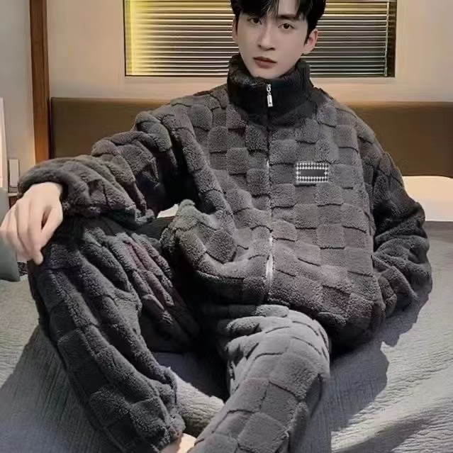 2024新款立领男女同款睡衣秋冬季珊瑚绒休闲亲肤宽松可外穿家居服