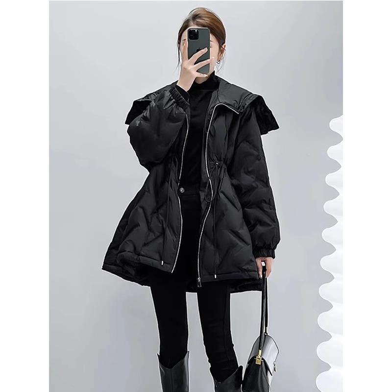 雅鹿赫本风黑色中长版羽绒棉服女2023冬装尺码宽松收腰显瘦棉衣外