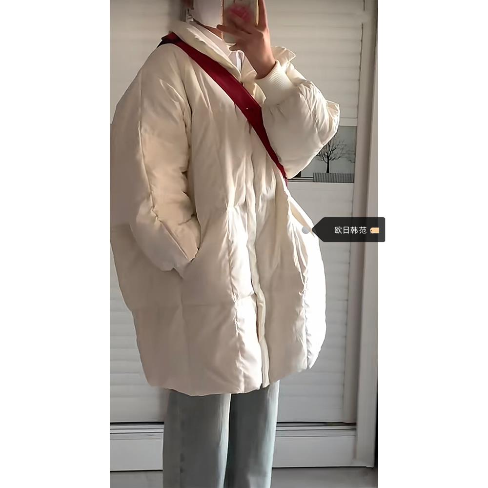雅鹿尺码蝙蝠袖羽绒棉服女冬季外套2023新款慵懒风宽松中长版立领
