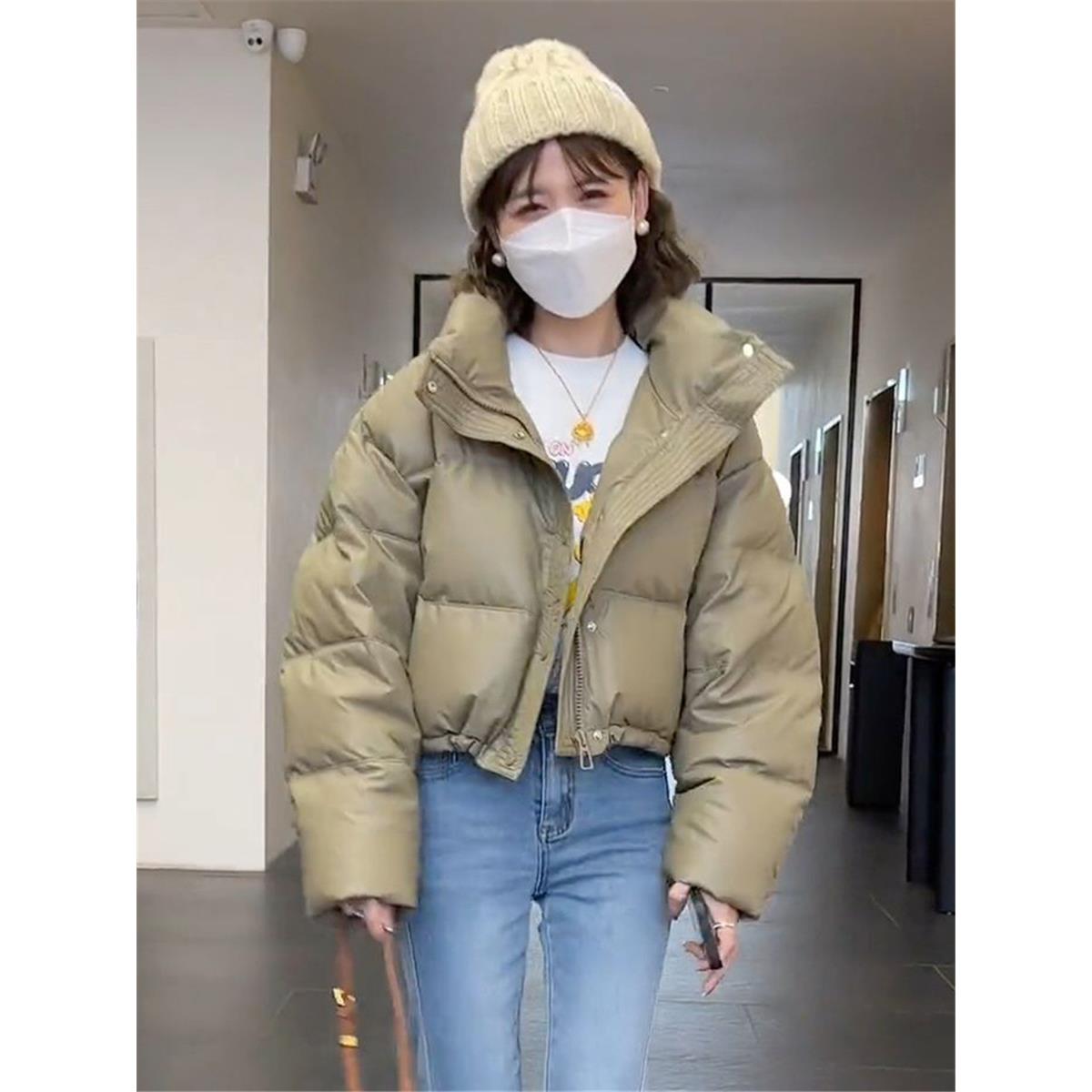 雅鹿小个子免洗PU皮羽绒服女短款2023冬季新款韩版加厚肯豆面包服