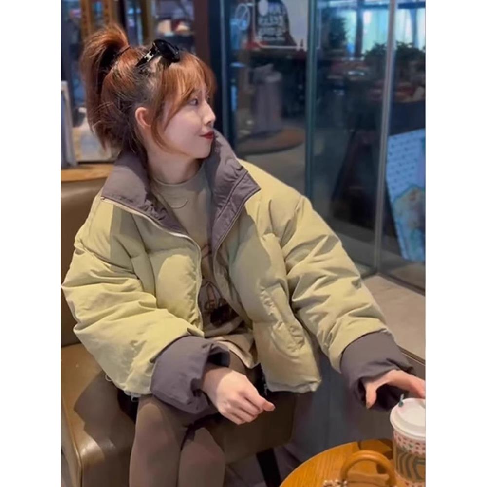 雅鹿2023年新款今年流行的绿色棉衣女秋冬季韩系穿搭羽绒棉服短款