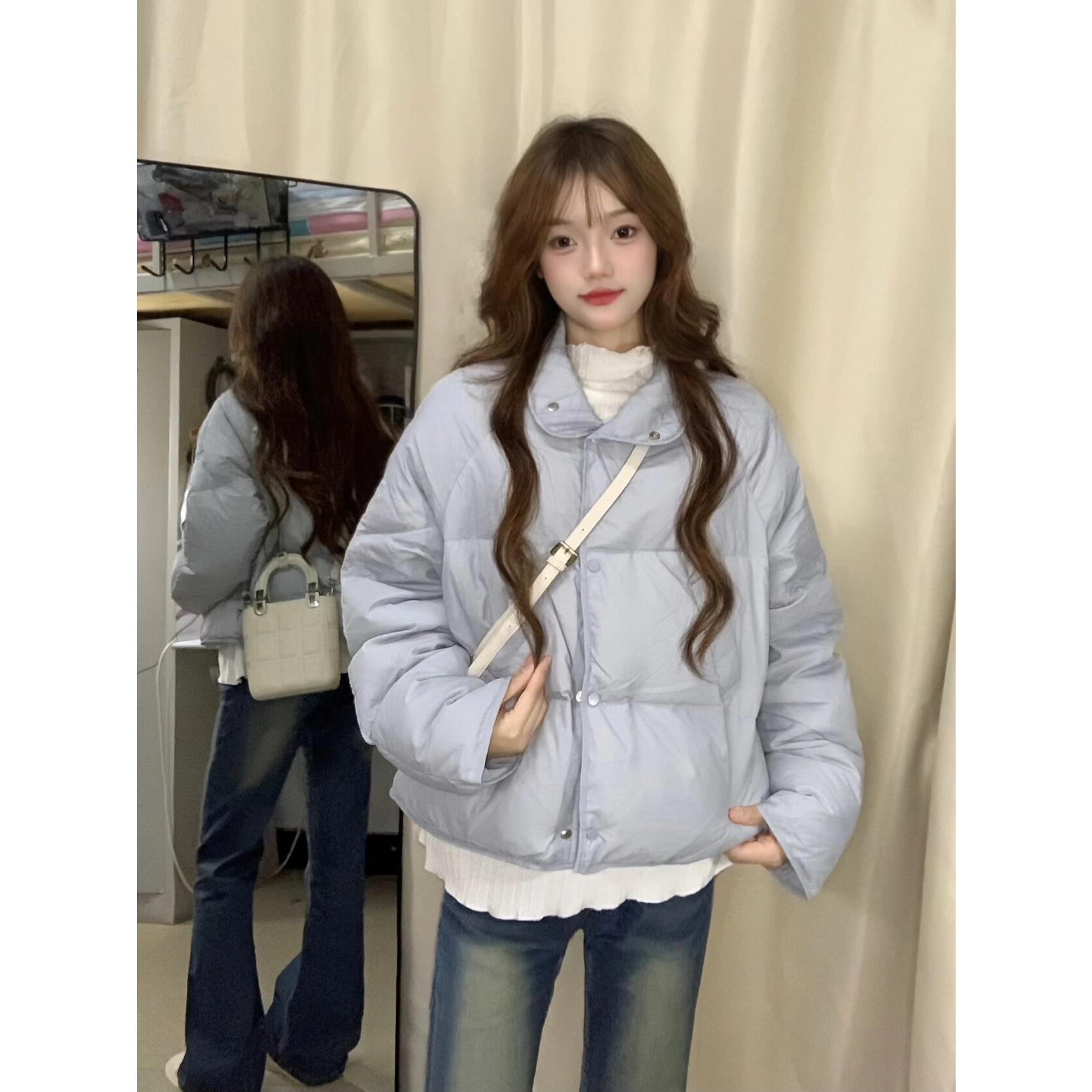 雅鹿奶蓝色棉衣羽绒棉服女冬季韩系小个子宽松加厚百搭短款面包服