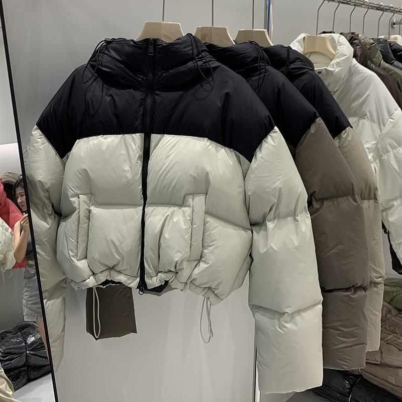 雅鹿肯豆风拼接撞色连帽羽绒外套女短款小个子面包服加厚保暖爆款