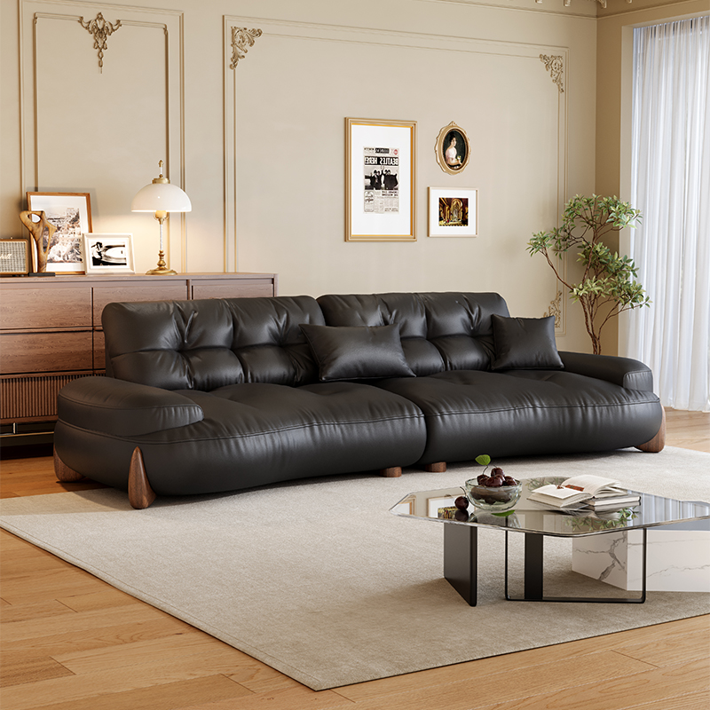 意式极简中古分轻奢客厅家用北欧头层牛皮直排大小户型落地复古