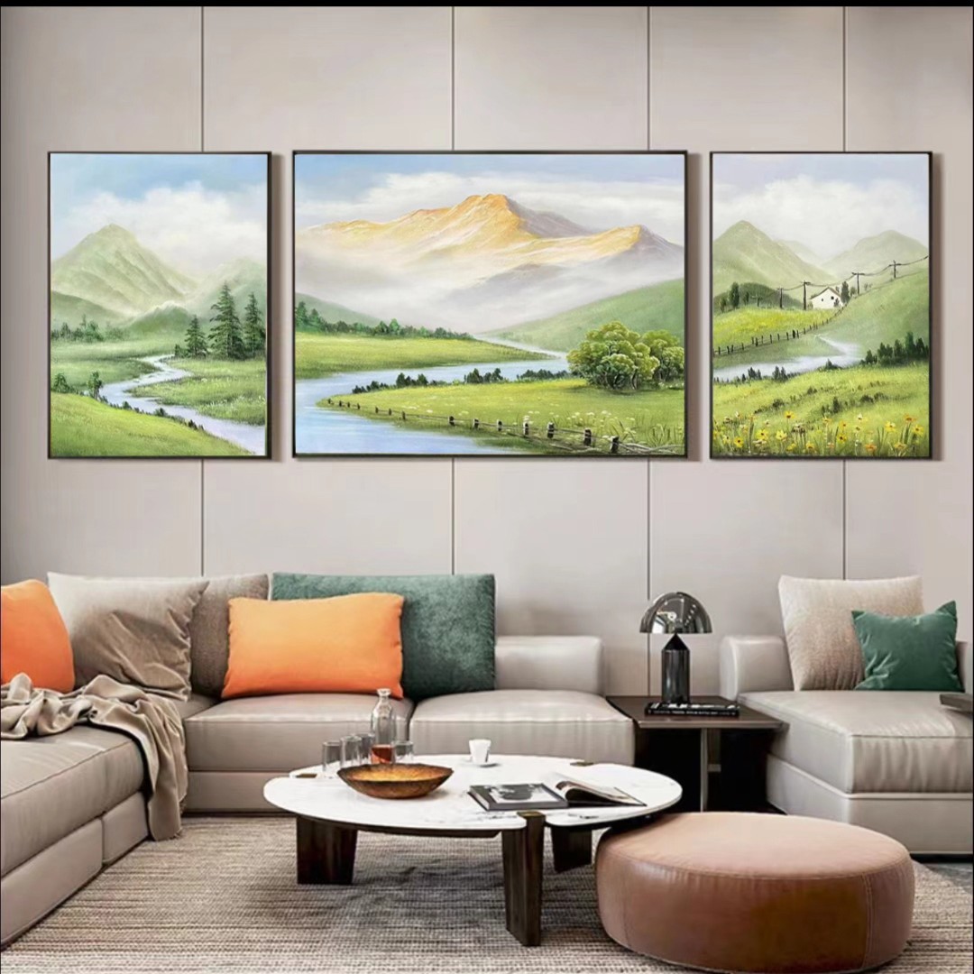 日照金山纯手绘油画客厅装饰画沙发三联挂画现代简约山水风景画