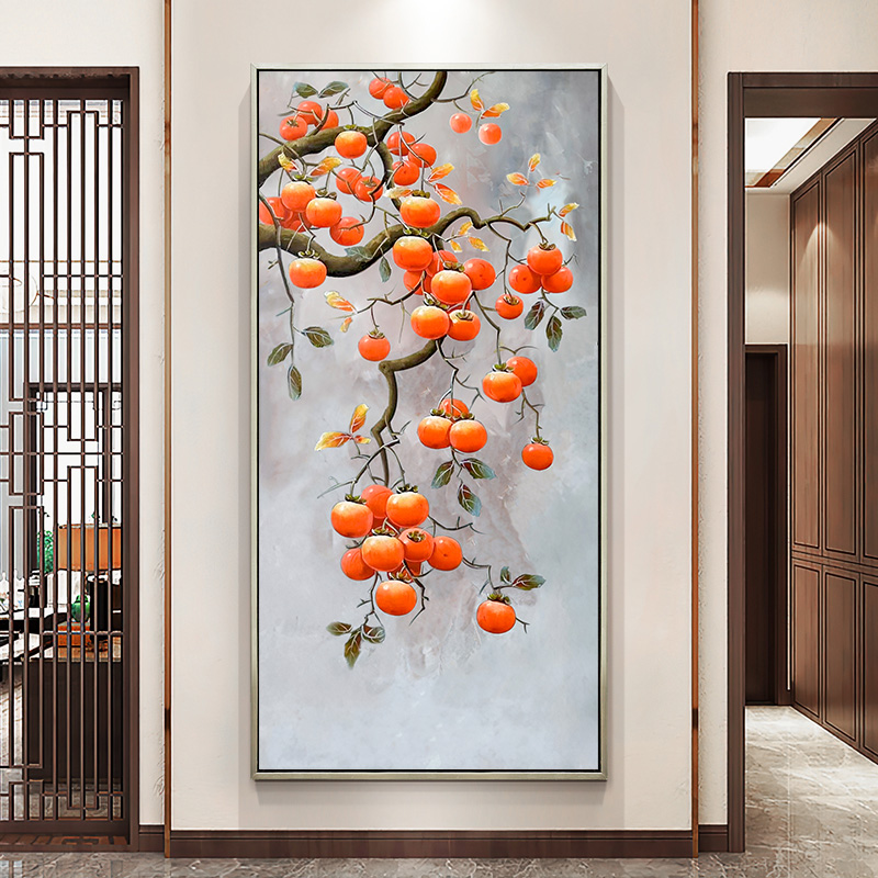 事事如意新中式手绘油画客厅玄关单幅柿子画现代艺术轻奢风格餐厅