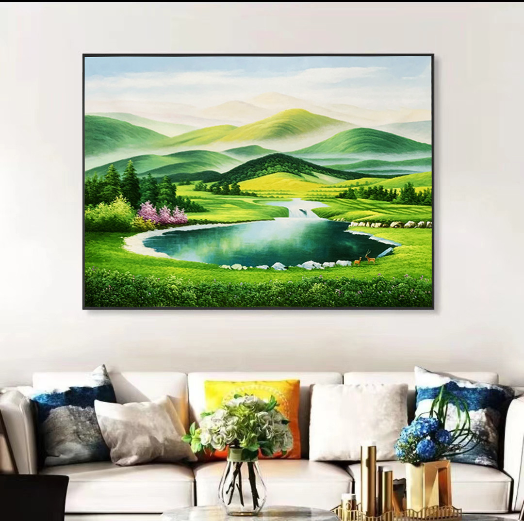 巨人山聚宝盆手绘油画风景美式轻奢玄关装饰画竖版大芬油画村定制