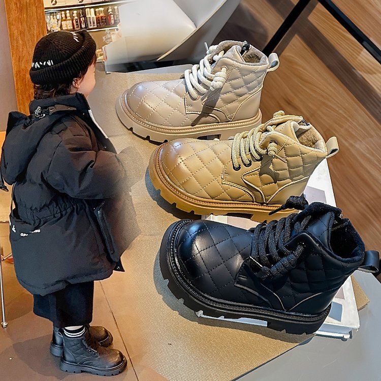 回力瑞冬季皮靴皮革拼接侧拉链人造革时装靴平底橡胶儿童中筒加厚