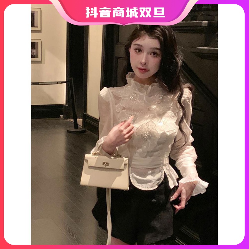 退换实物尺码显瘦上衣妹妹肚子大码法式重工精致蕾丝花朵衬衫女感