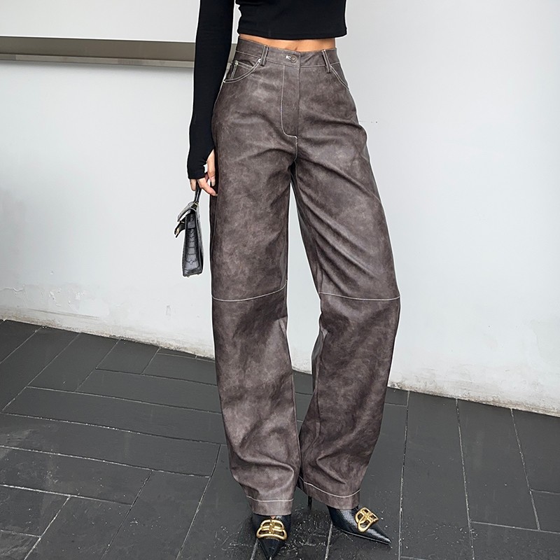 清仓！水洗皮裤女重工高品质直筒阔腿裤拖地高腰复古辣妹春季新款