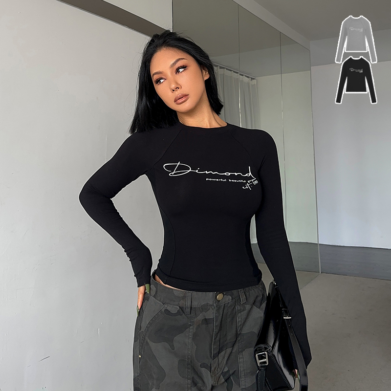 【清仓】胸前印花长袖打底衫秋冬新款高级灰拼片设计师款内修身弹力