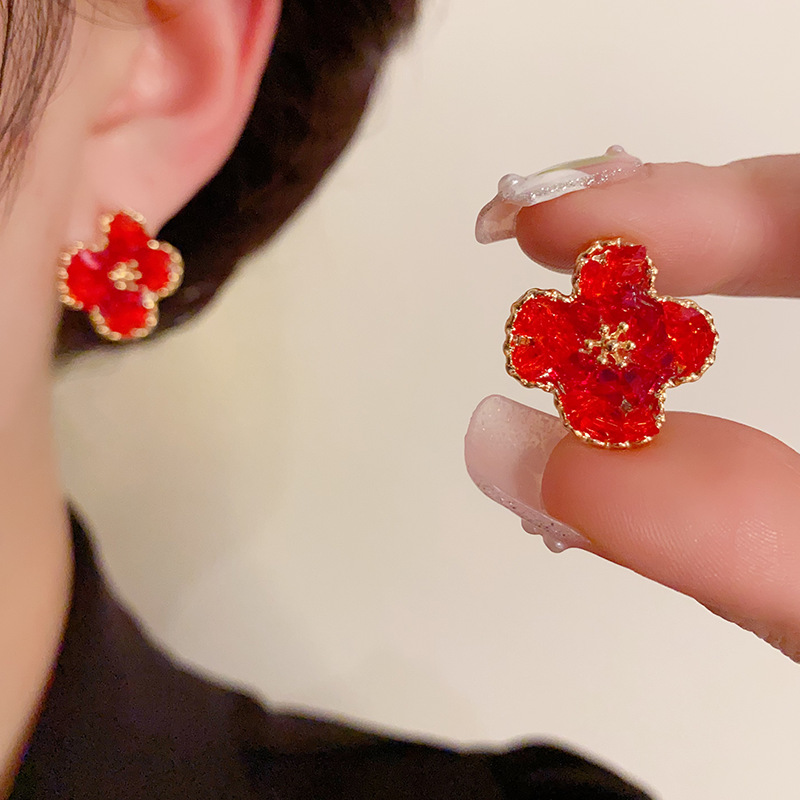 铜合金仿水晶耳饰 精致气质红色水晶花朵耳钉时尚甜美喜庆耳环868