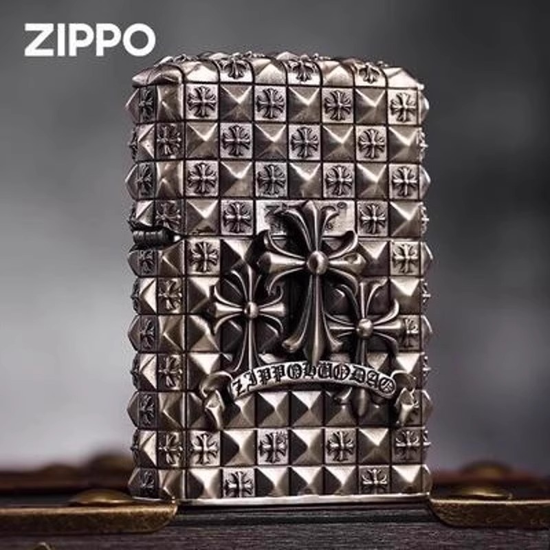 Zippo打火机官网正版 银色重甲十字花 克罗心煤油防风礼物送男友