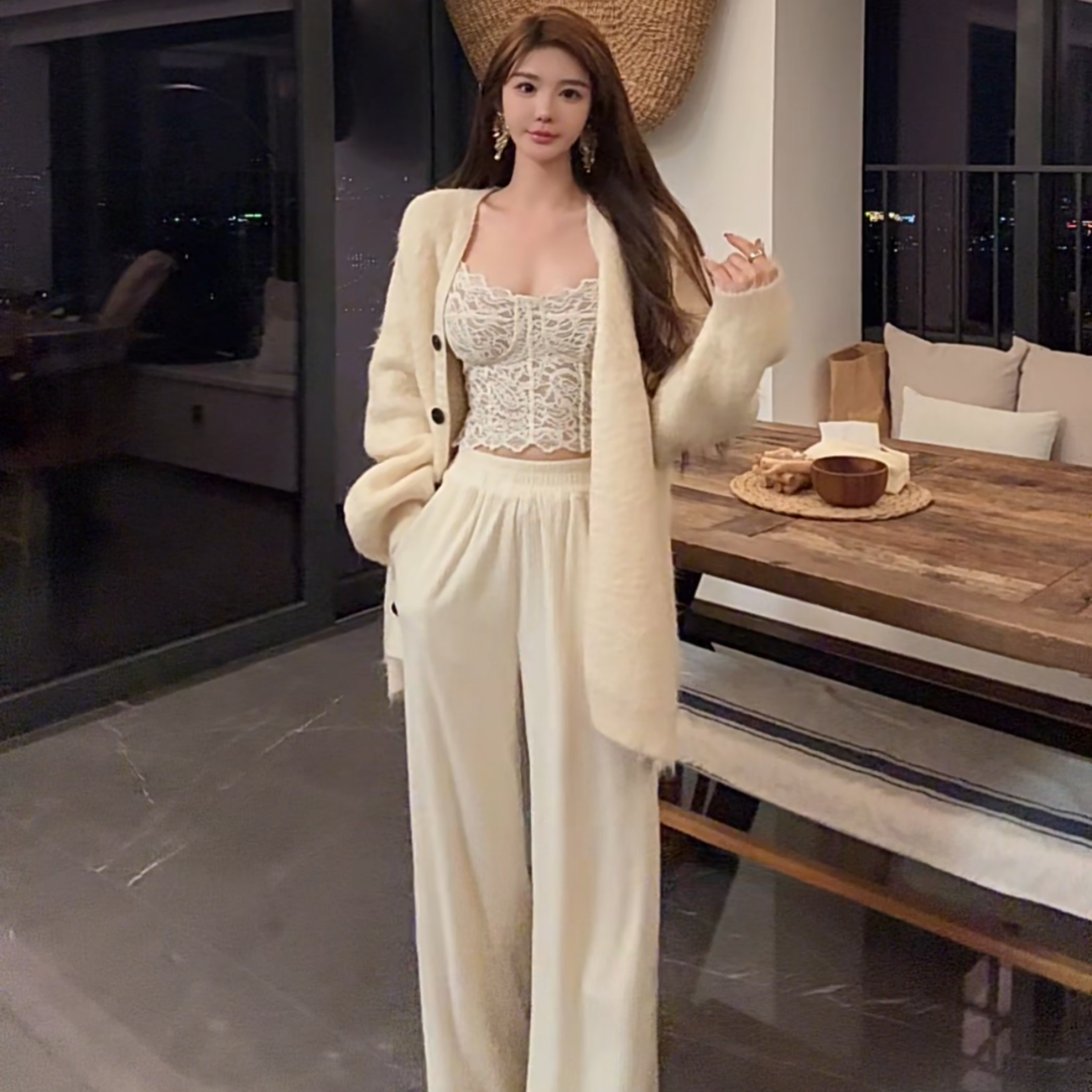 ALDINGZHI【梦芙蜜语】秋冬V领贴标宽松毛衣外套时尚外套休闲潮牌