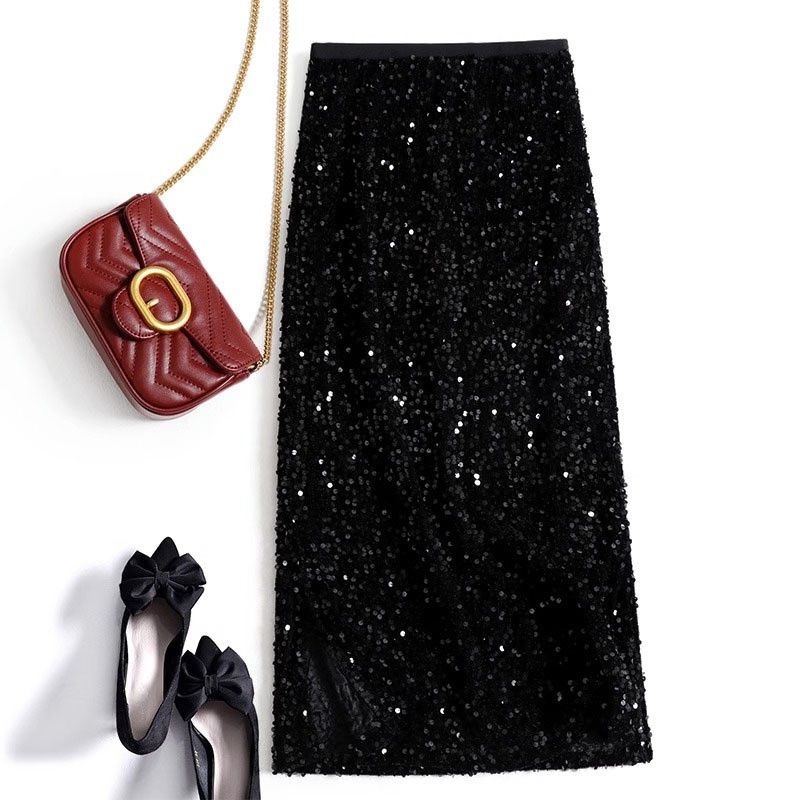 包臀裙半身裙闪闪亮片秋冬直筒裙高腰修身后开叉时尚显瘦中长裙