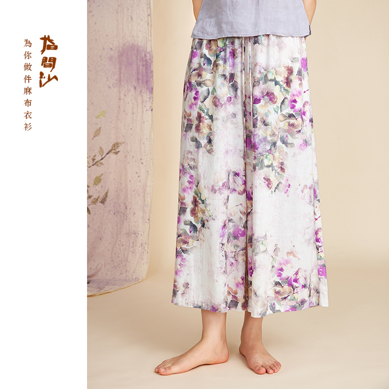 指间沙2332025女装2023年秋季新款文艺风松紧高腰印花棉麻阔腿裤