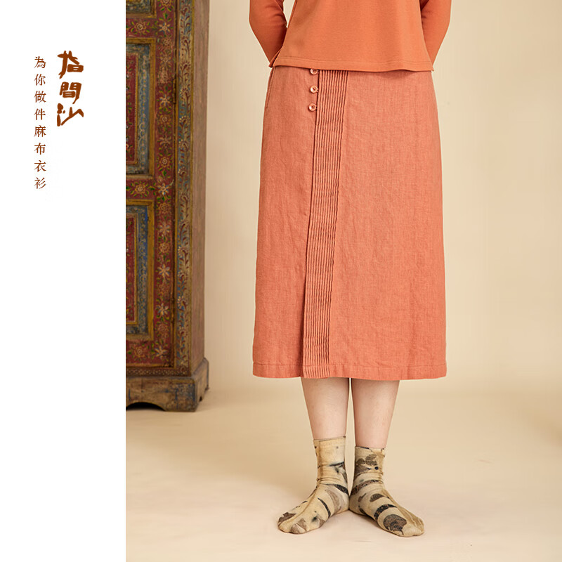 2344220指间沙女装23冬季文艺高腰裥棉半裙东方复古打条中长一步