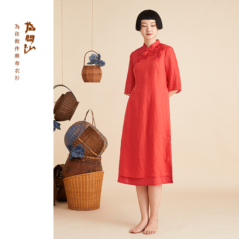 2325180指间沙2023夏季新款红色年轻款亚麻改良高考送考旗袍