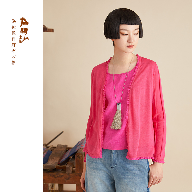 指间沙2311009女装2023年春季年轻活力前襟麻布木耳边针织短外套