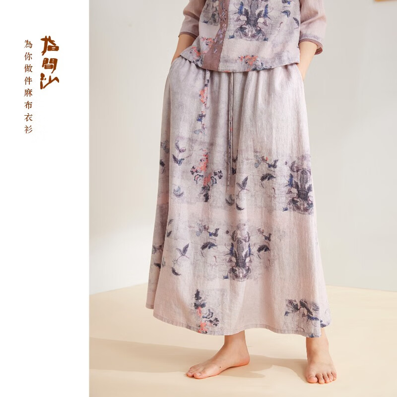 指间沙2334046女装2023年秋季新款文艺风高腰A字印花棉麻半身裙